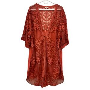 UMGEE Kimono Dusty Rose Acid Wash Embroidered Sheer Tie Front Oversized LG Boho